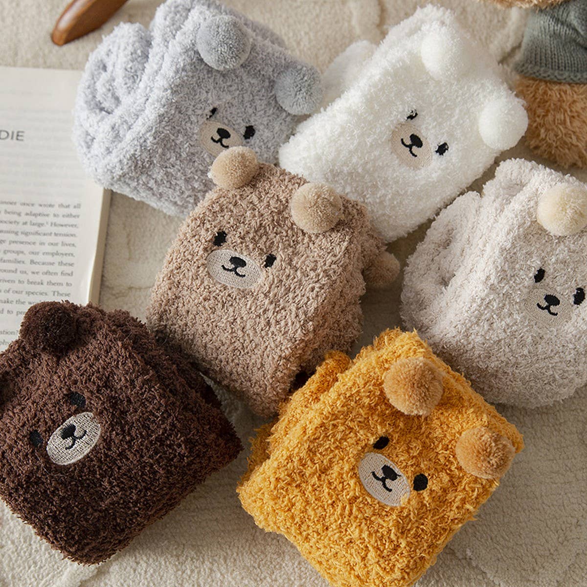 Cream Fuzzy Bear Socks