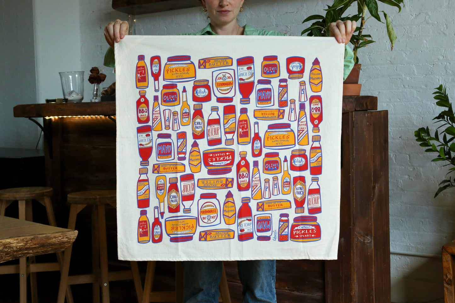 Condiments, Ketchup, Hot Sauce, BBQ Print Tea Towel