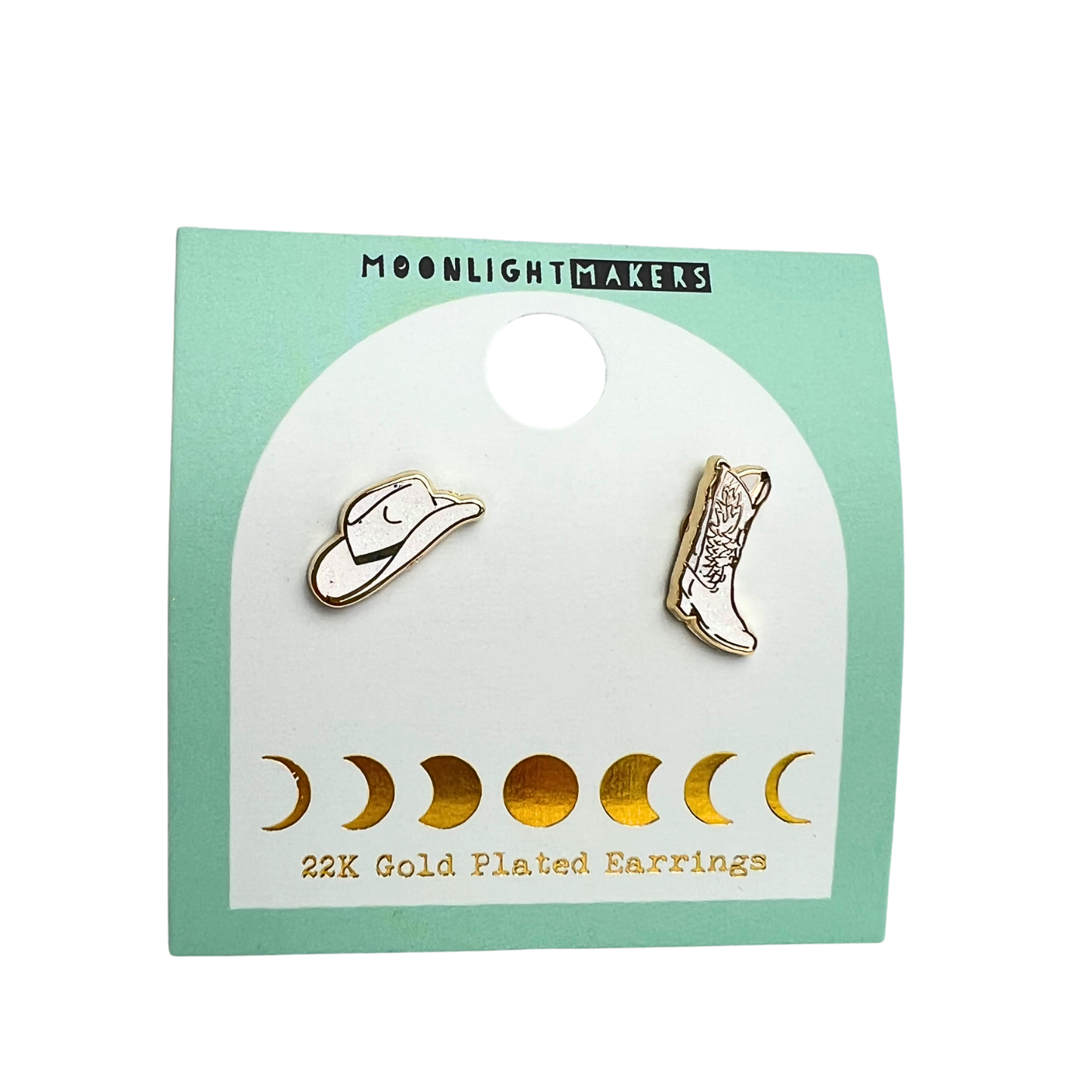 Cowboy Boot & Hat Earrings - 22k Gold Plated Studs - Western