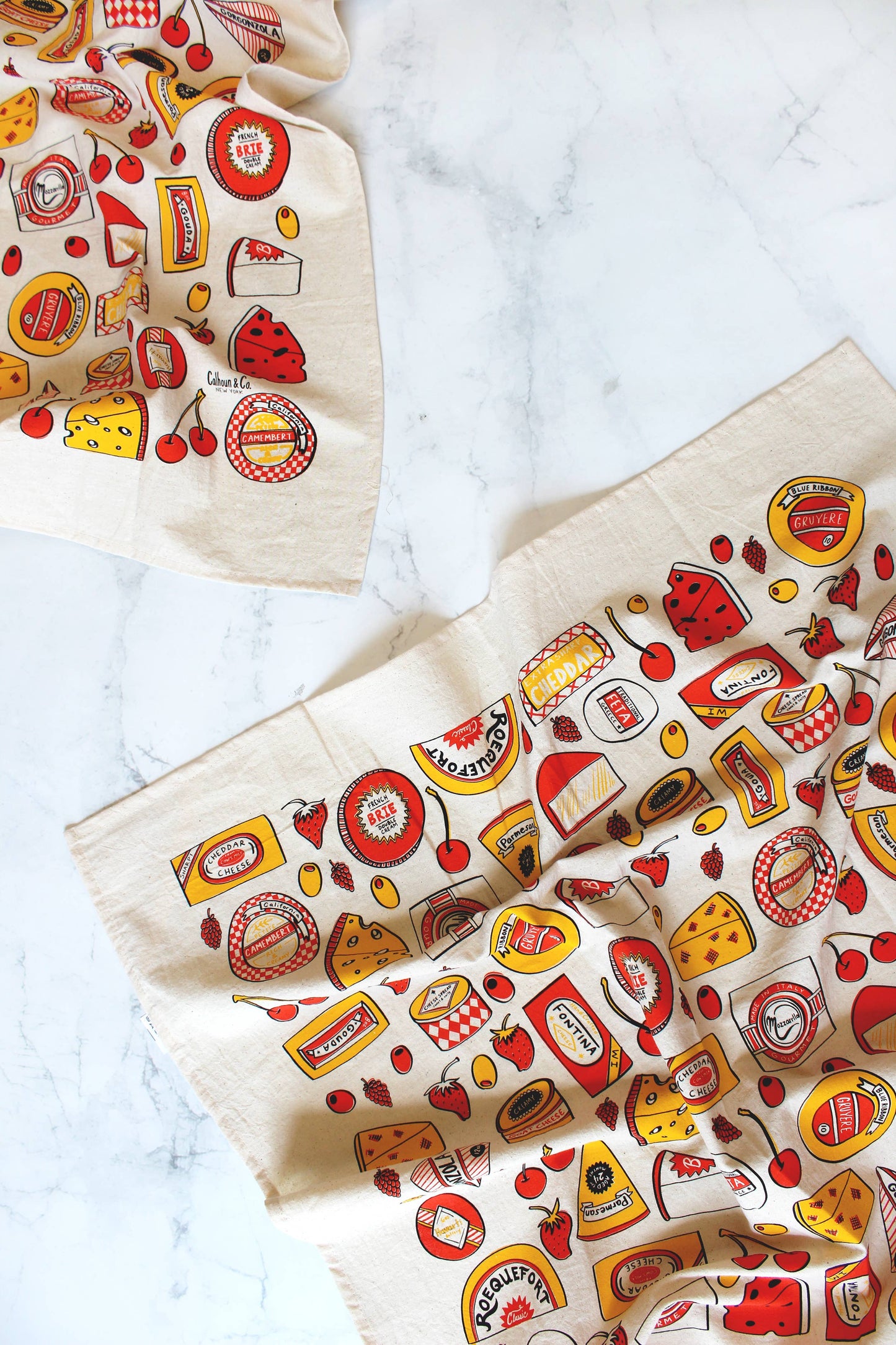 Cheese Shop Screen Printed Tea Towel: Cheddar Yellow Red Brown