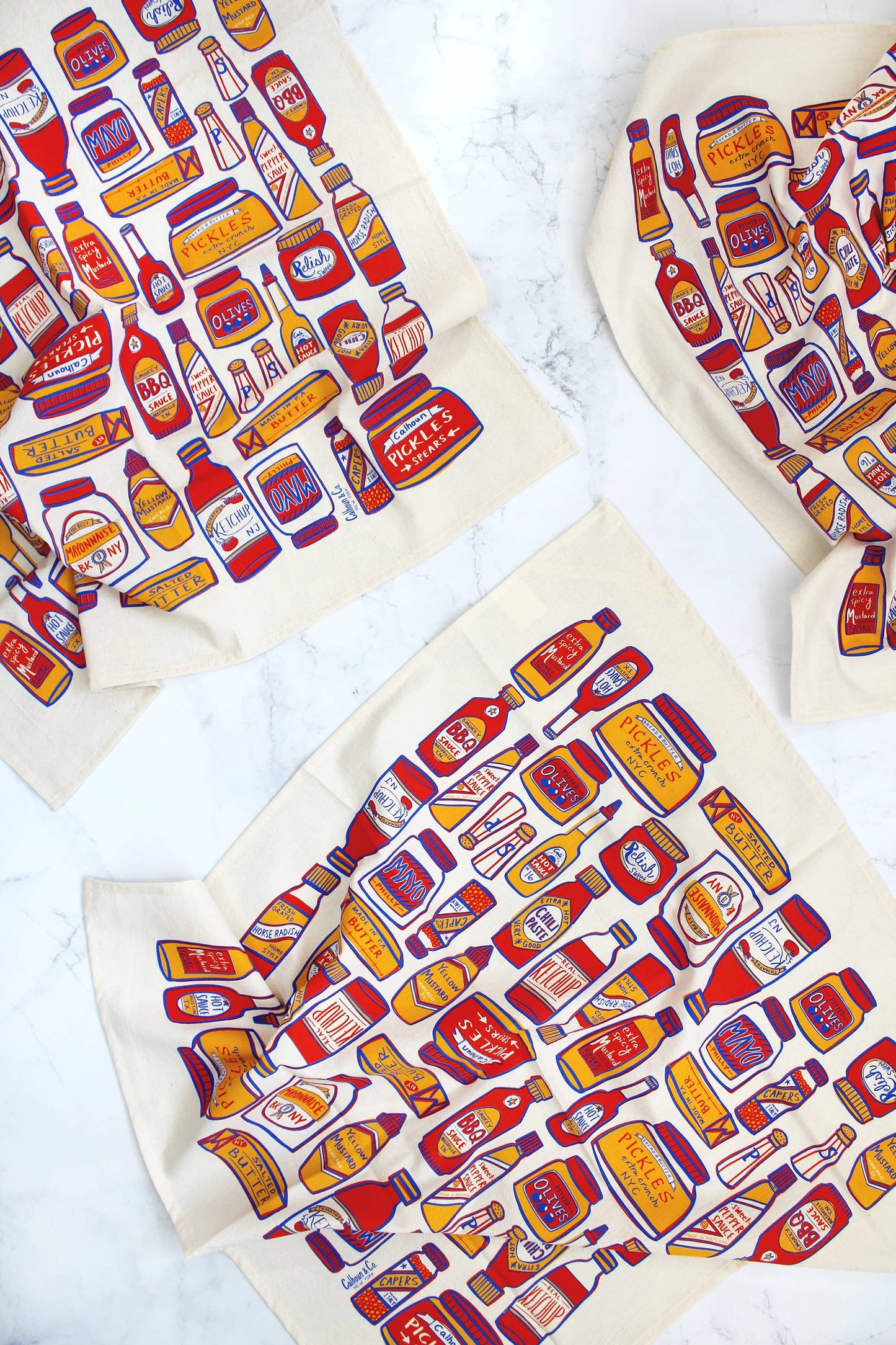 Condiments, Ketchup, Hot Sauce, BBQ Print Tea Towel