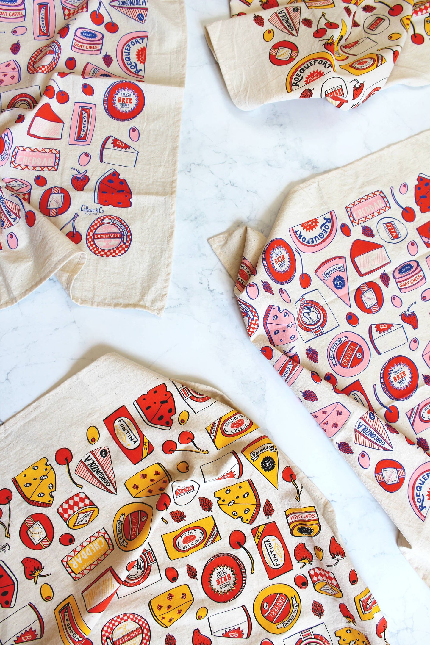 Cheese Shop Screen Printed Tea Towel: Cheddar Yellow Red Brown