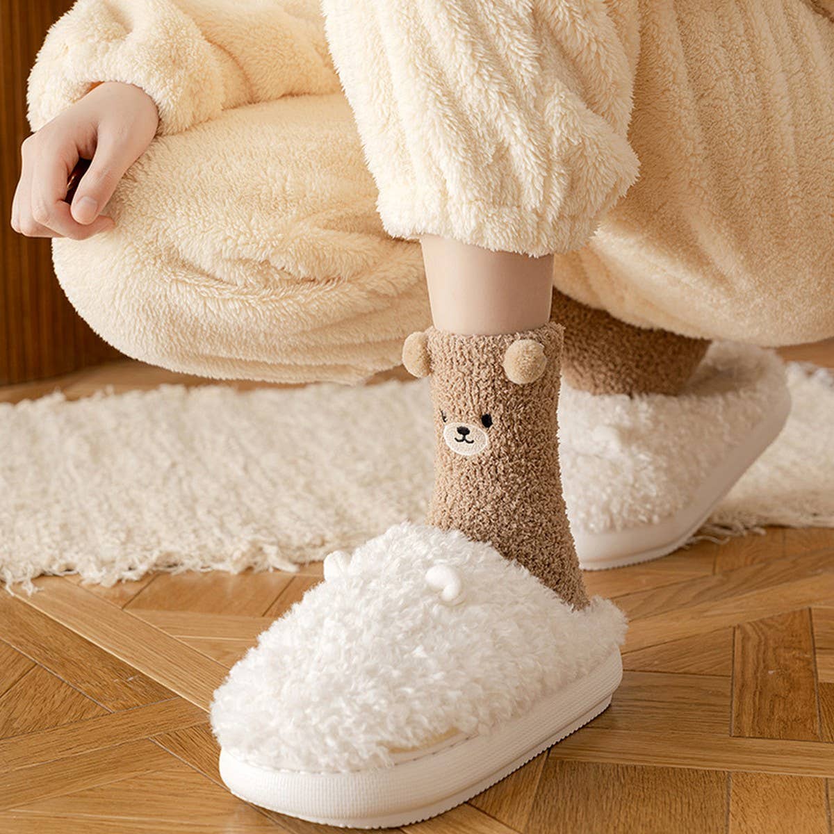 Cream Fuzzy Bear Socks