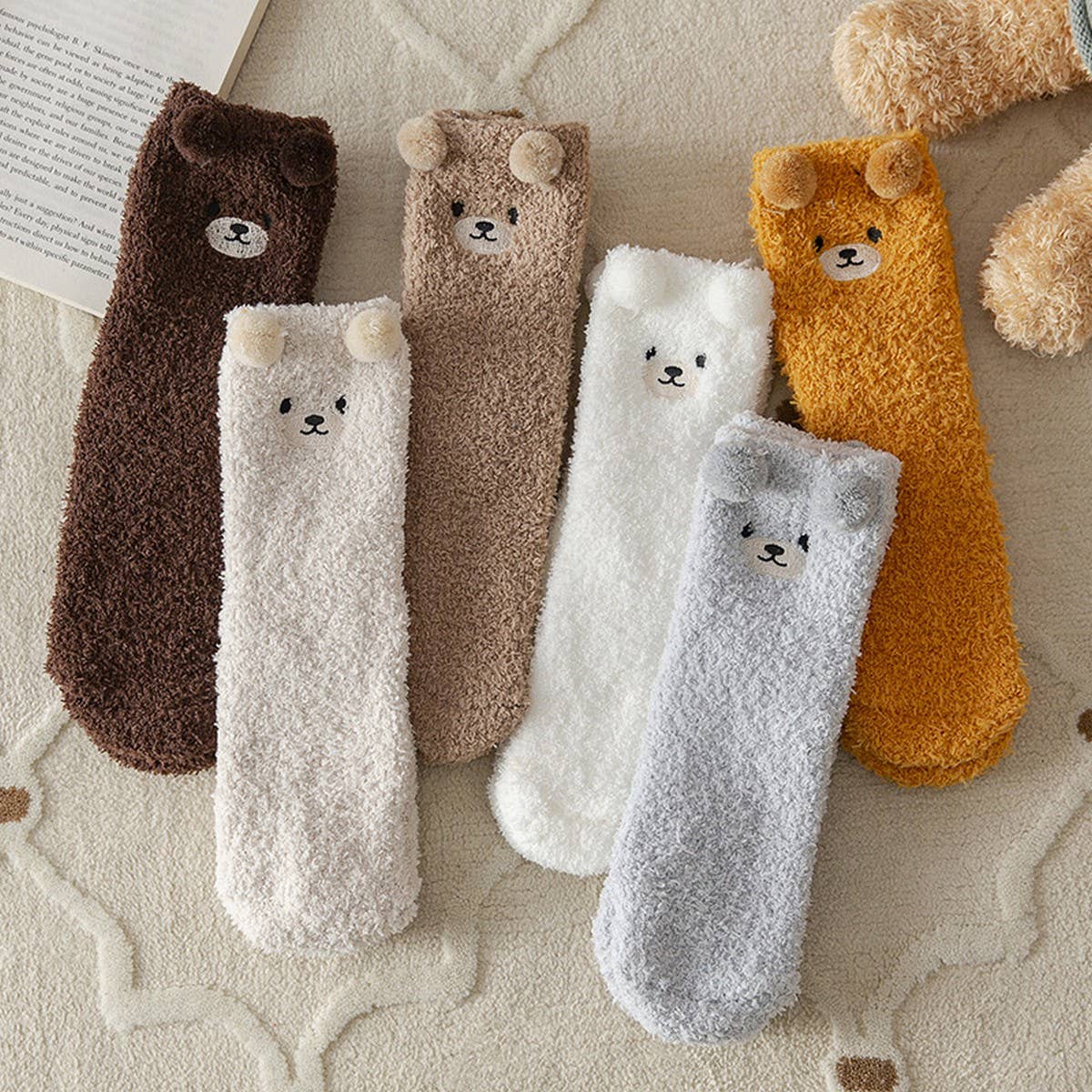 Cream Fuzzy Bear Socks