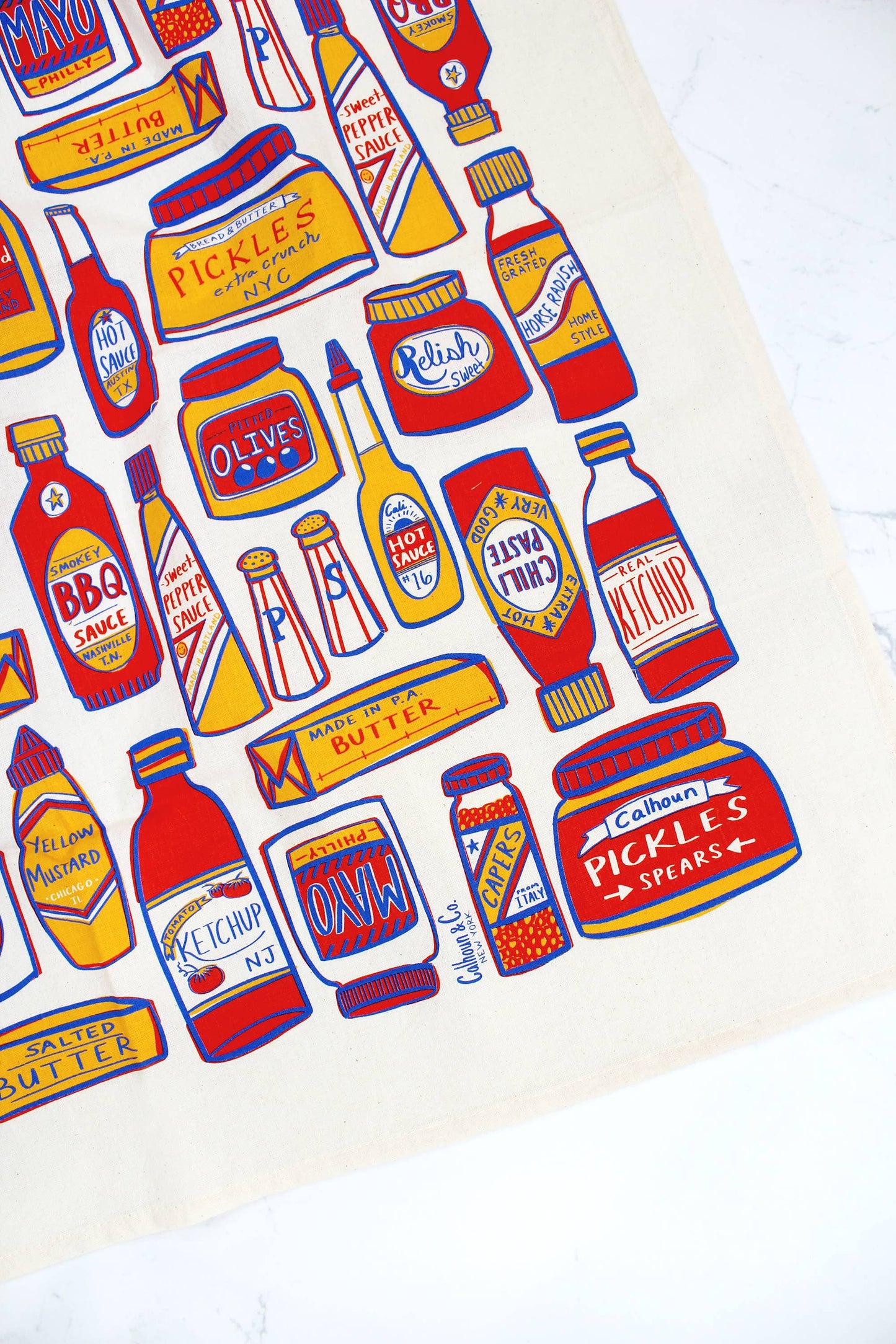 Condiments, Ketchup, Hot Sauce, BBQ Print Tea Towel