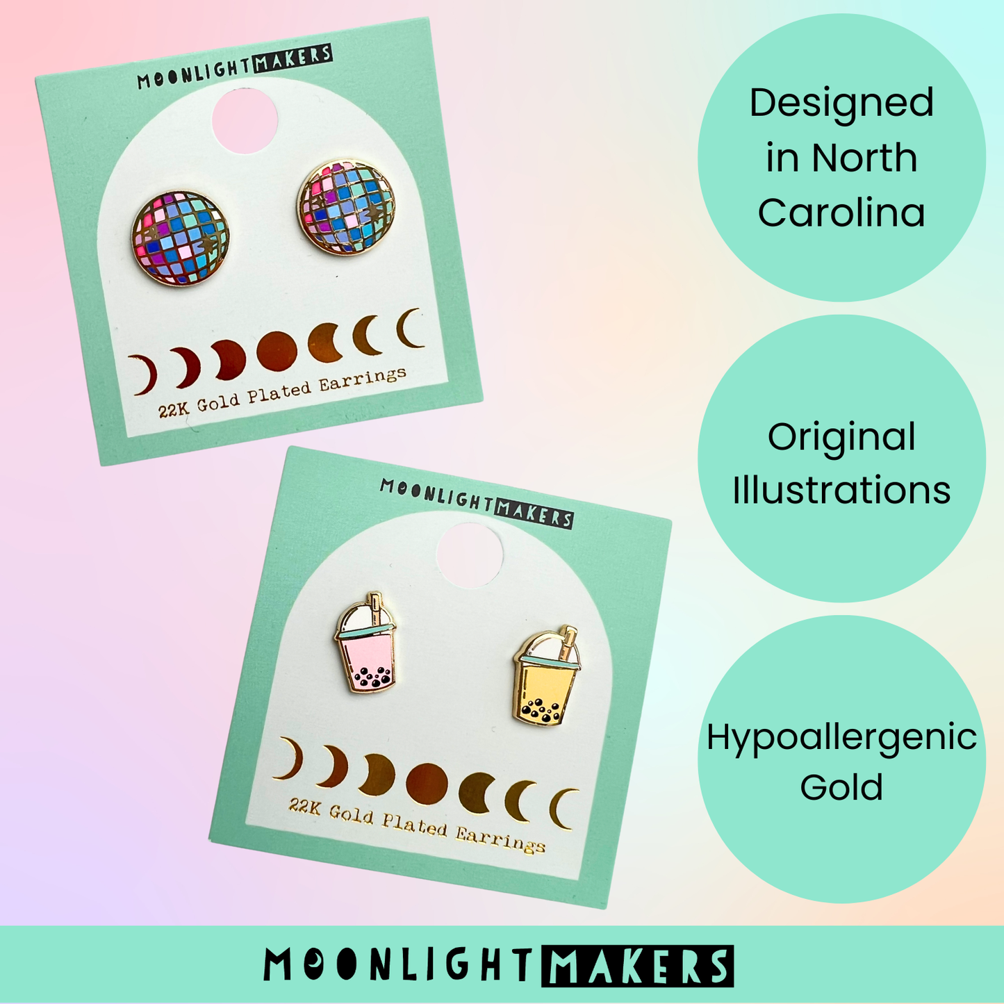 Mushroom Earrings - 22k Gold Plated Studs - Whimsical Gift