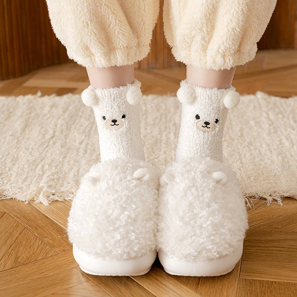 Cream Fuzzy Bear Socks