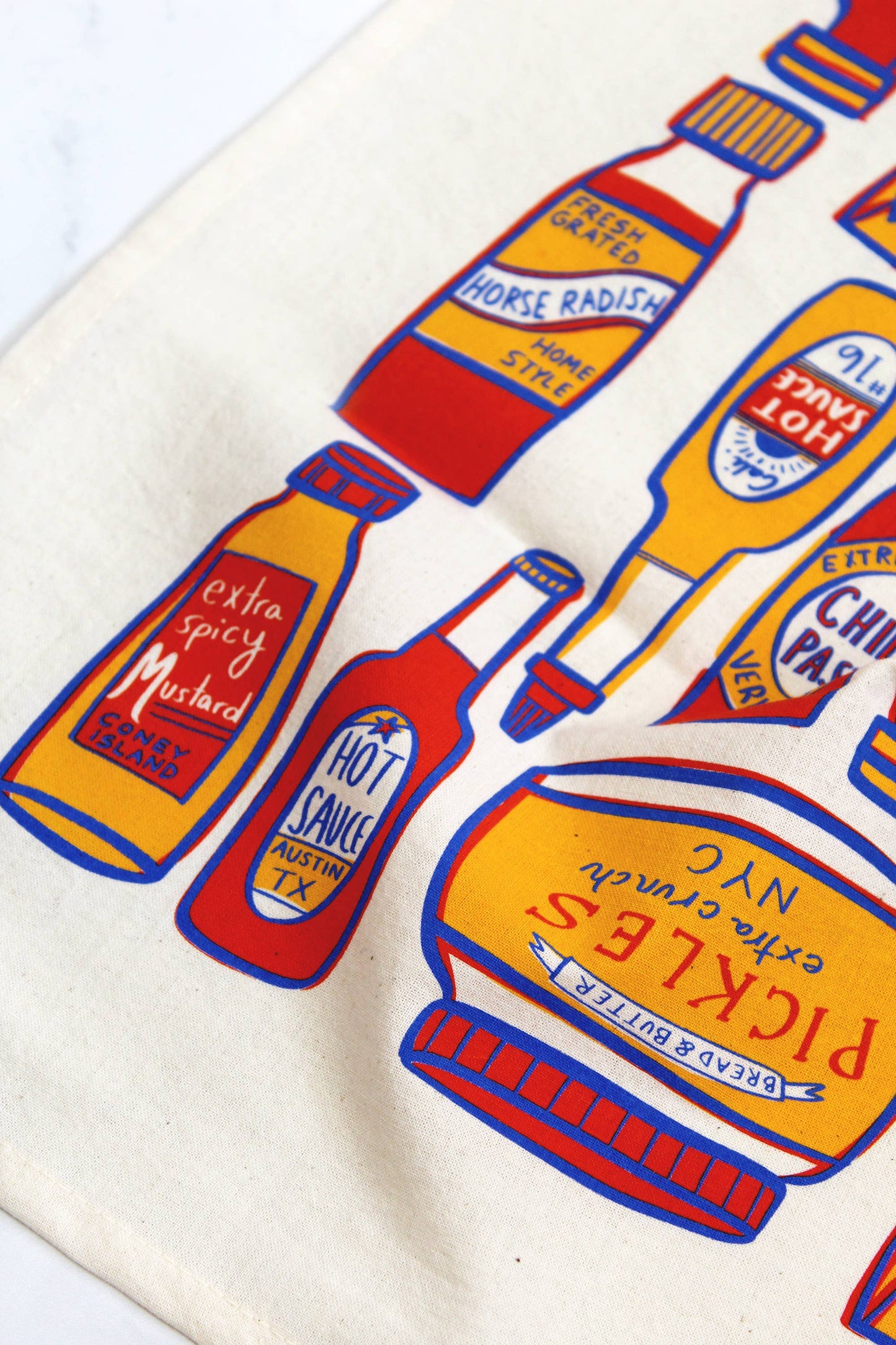 Condiments, Ketchup, Hot Sauce, BBQ Print Tea Towel