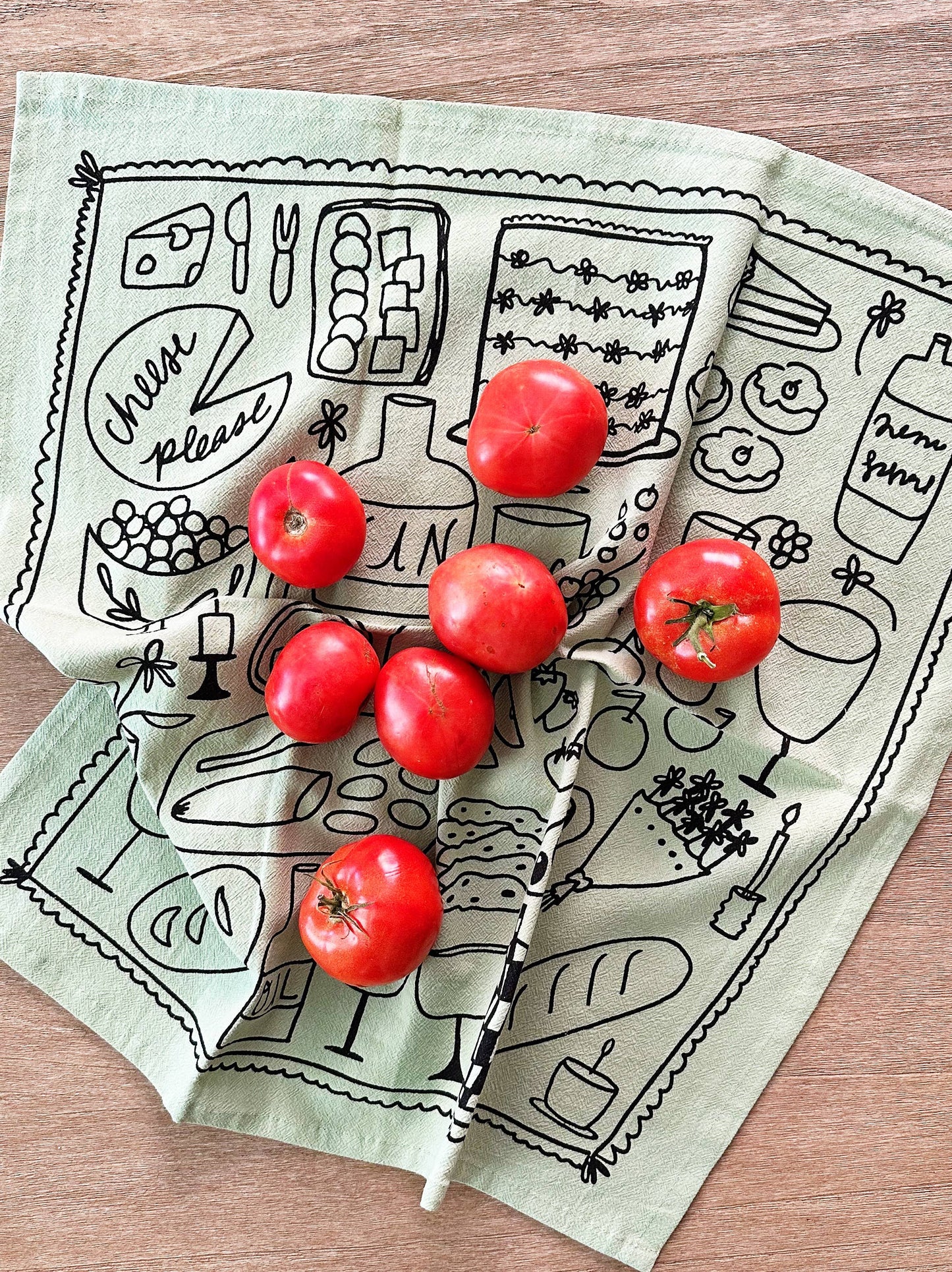 Picnic on Sage Green Tea Towel - 100% Cotton