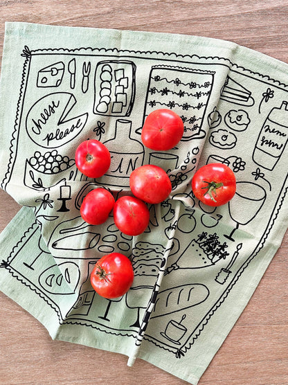 Picnic on Sage Green Tea Towel - 100% Cotton