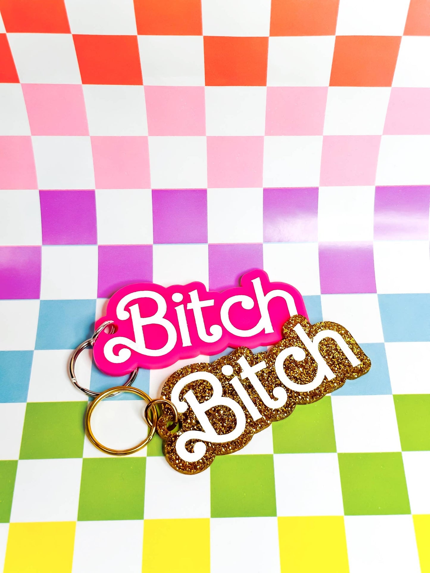 Bitch - Laser Engraved and Hand Painted Keychain: Gold / Pink