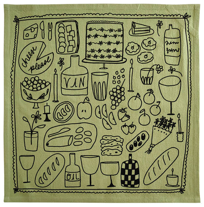 Picnic on Sage Green Tea Towel - 100% Cotton