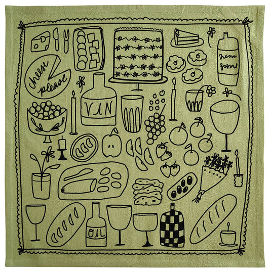 Picnic on Sage Green Tea Towel - 100% Cotton