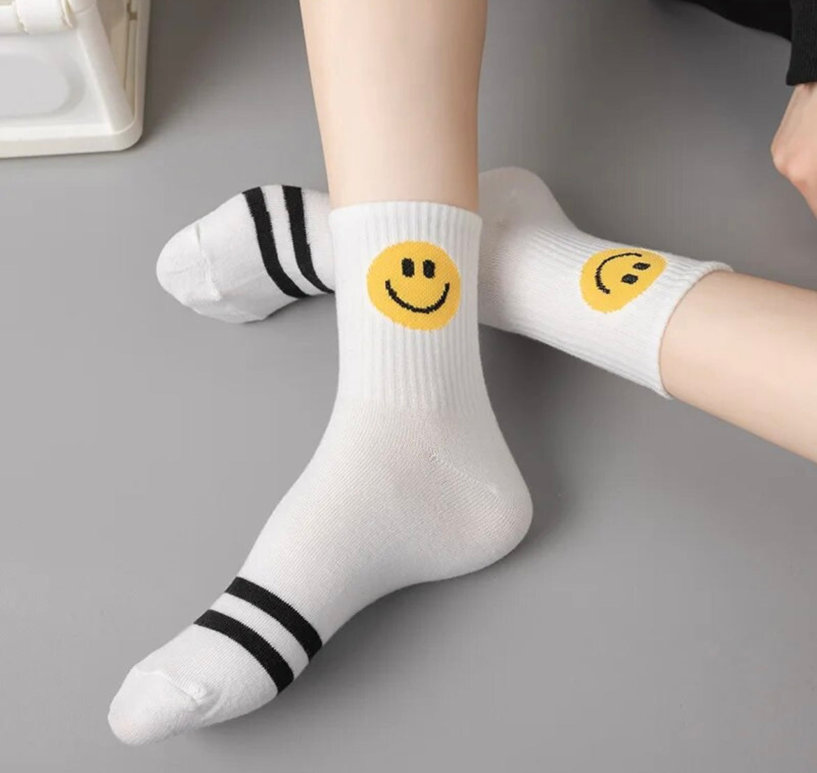 White 2 Striped Smiley Face Socks