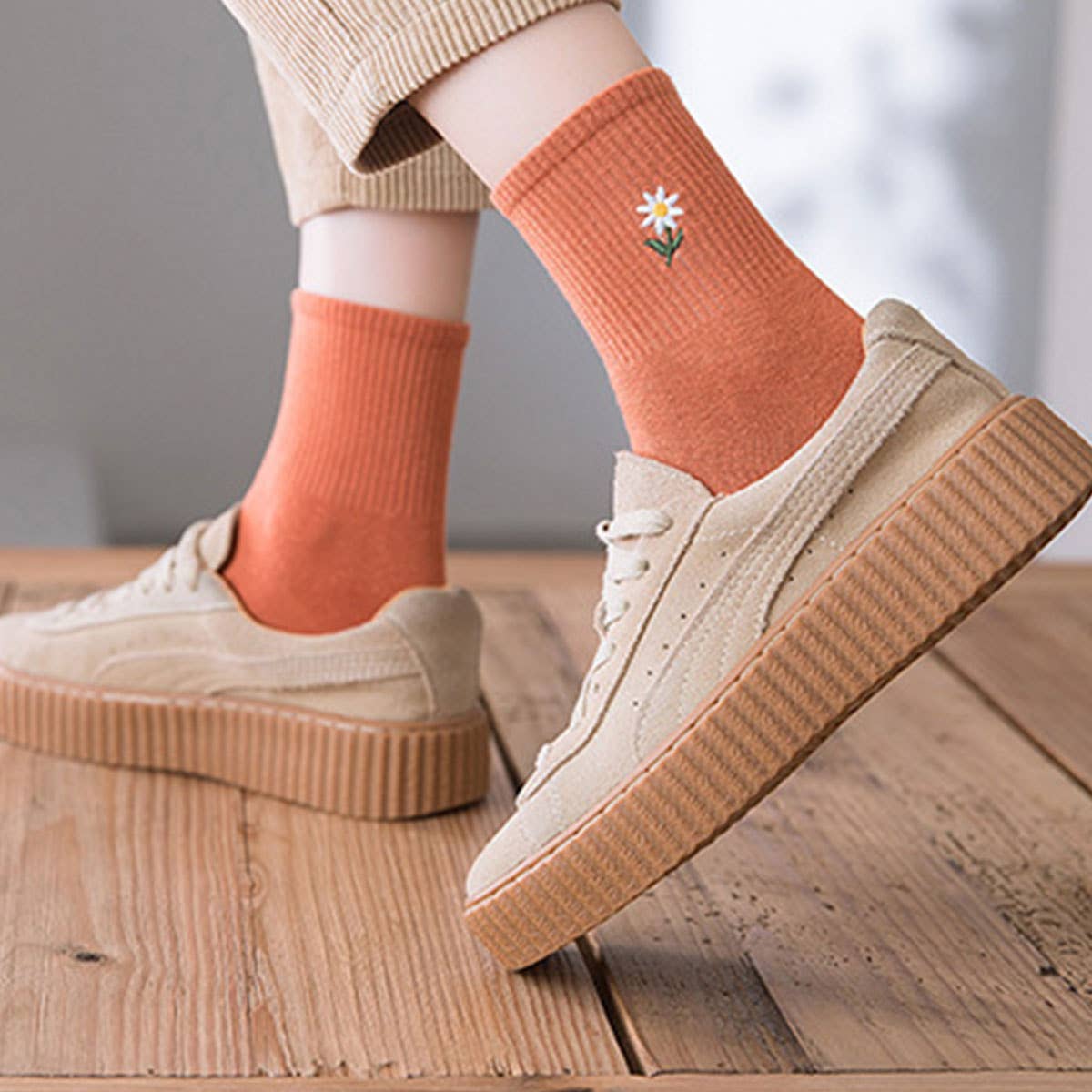 Flower Embroidery Socks Orange