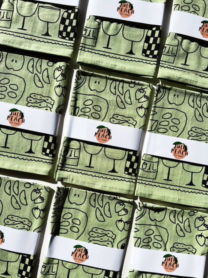 Picnic on Sage Green Tea Towel - 100% Cotton