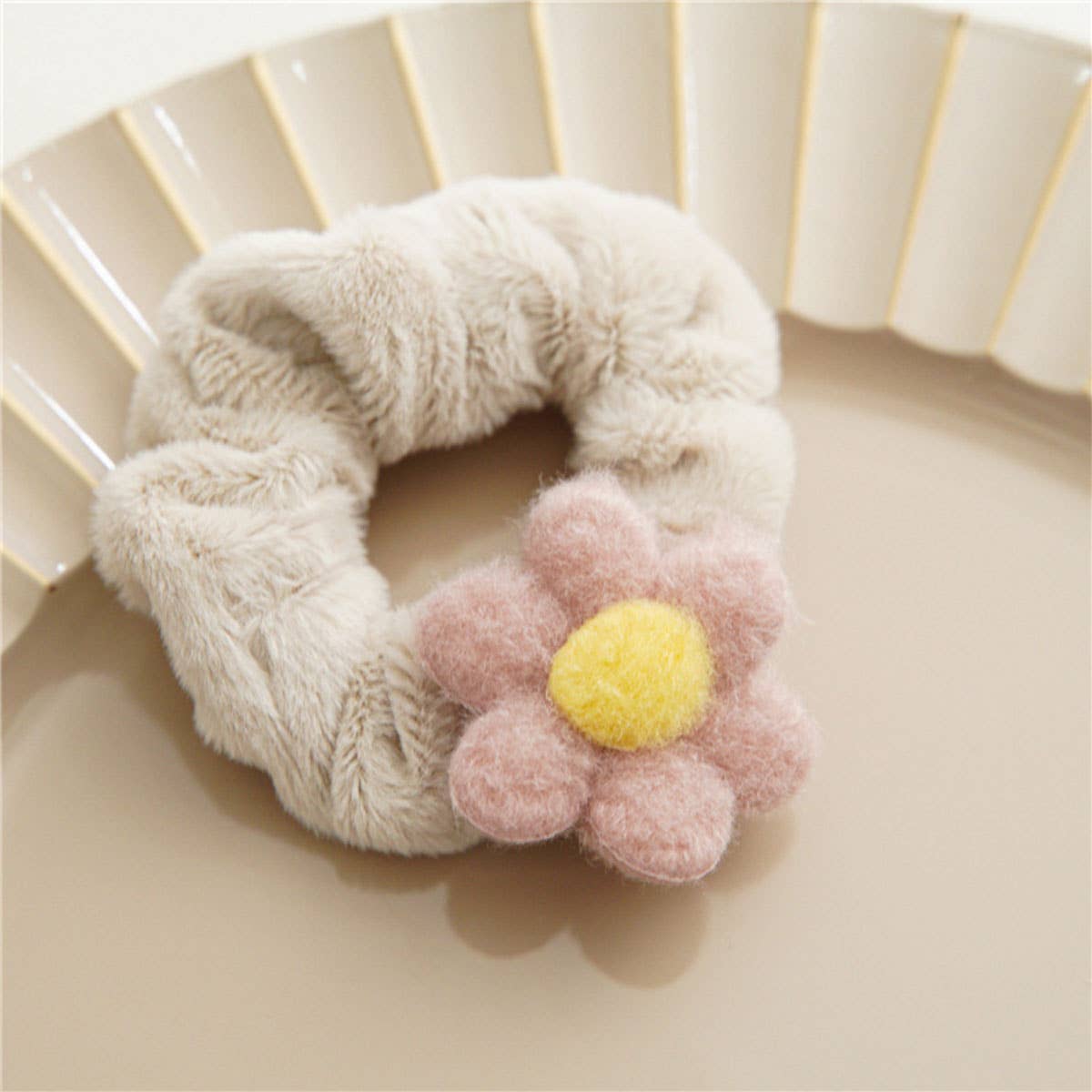 Fuzzy Pink Flower Scrunchie
