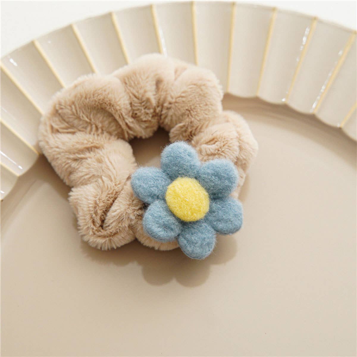 Fuzzy Blue Flower Scrunchie